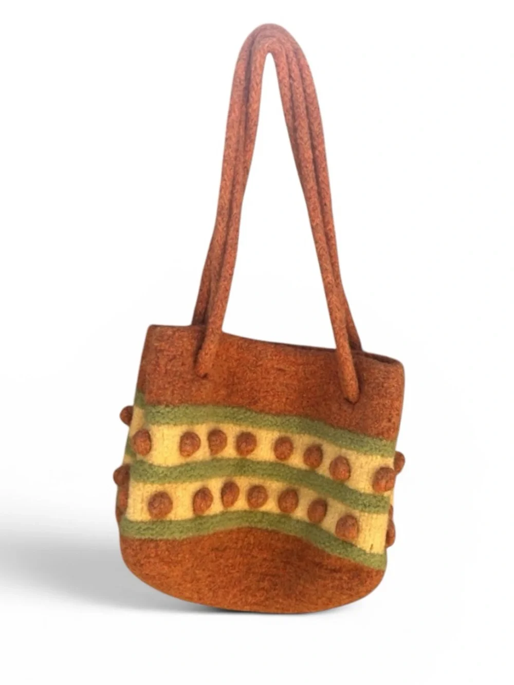 Artisan Orange Felt Tote with Green and Cream Stripes